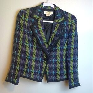 PECK & PECK Vintage Wool Blend Blazer Plaid Jacket Purple Green Blue 4 Petite
